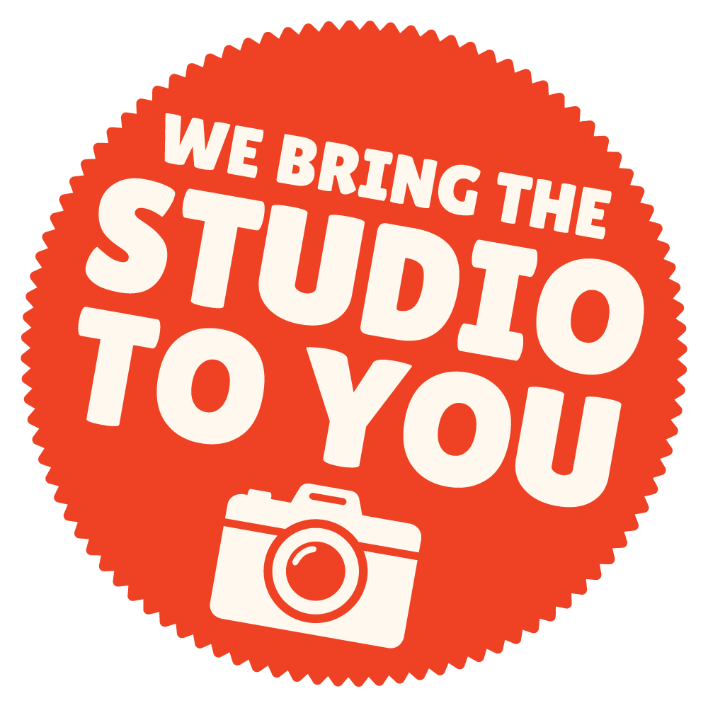 Sticker with text "We bring the studio to you" with camera icon.