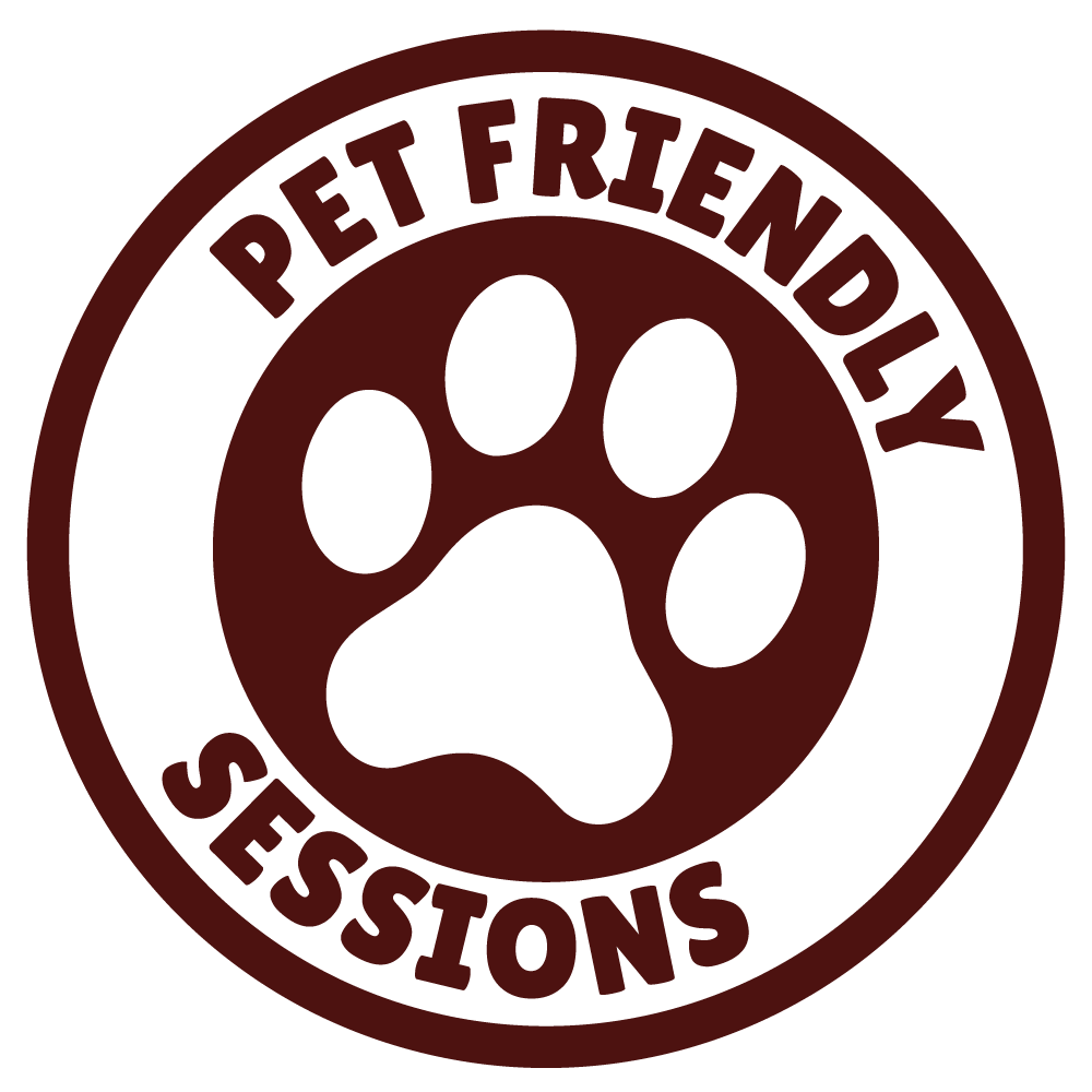 Paw print sticker with "Pet Friendly Sessions" text.