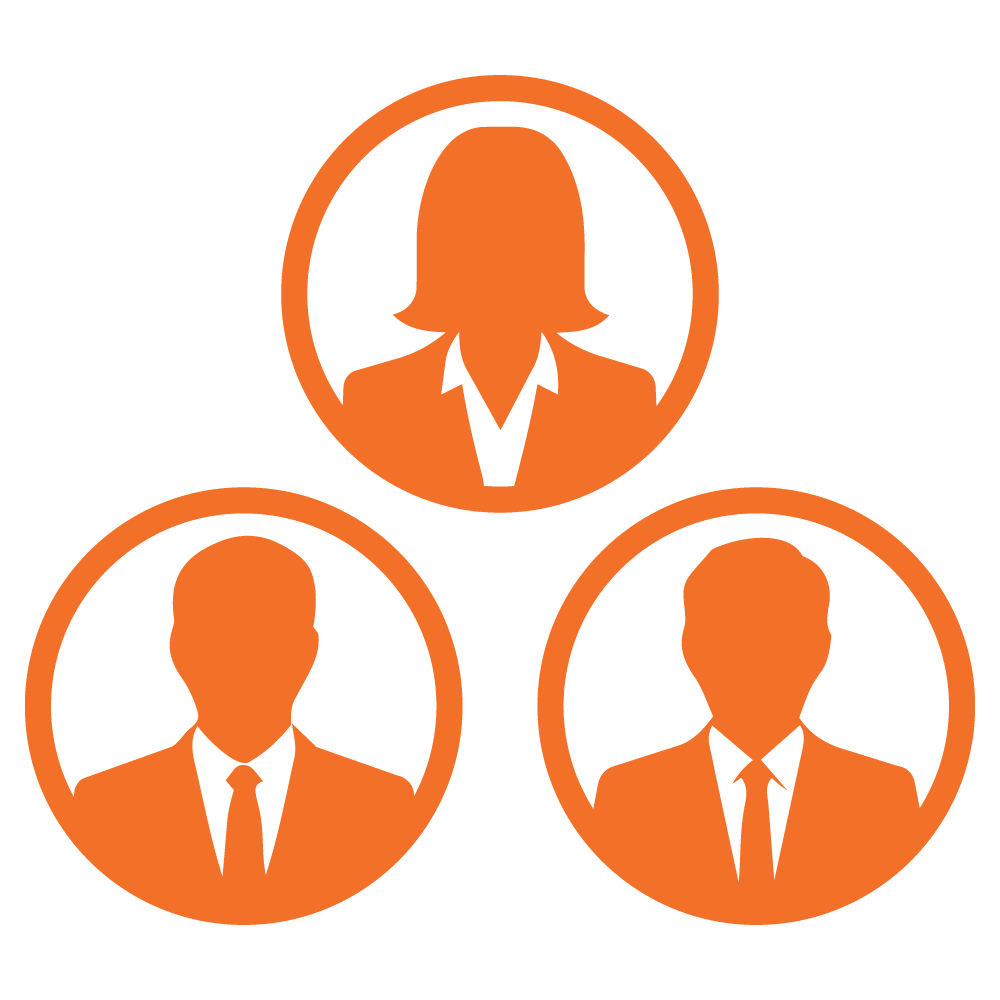 Silhouettes of three people in business attire, one woman at the top and two men at the bottom, within circular frames, representing headshots and team photos.