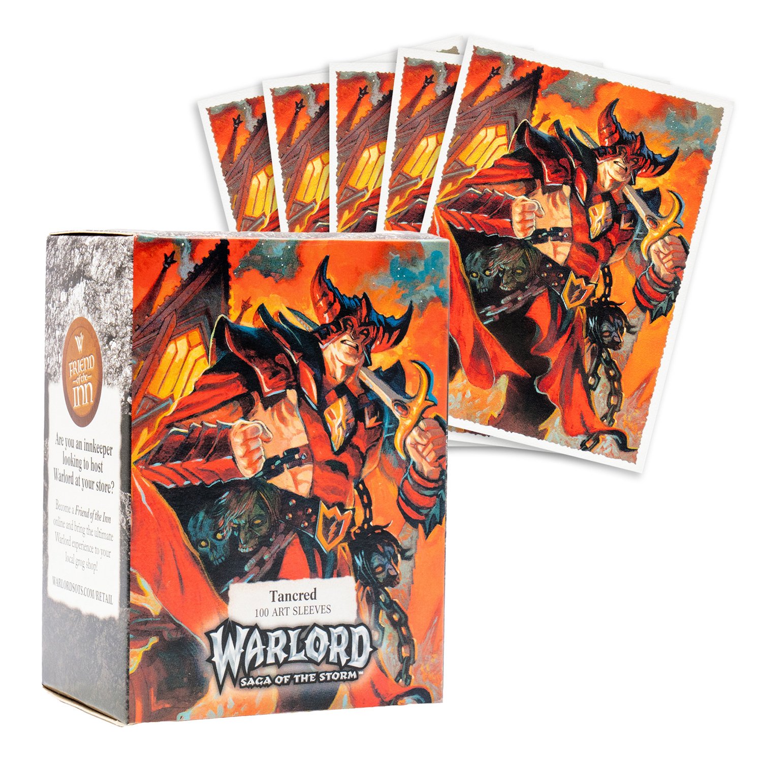 Box of Warlord: Saga of the Storm art sleeves featuring a warrior with horns, red armor, and chains against a fiery background with a tower and flames.