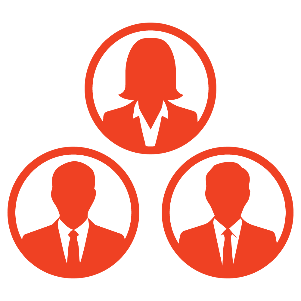 Silhouettes of three people in business attire, one woman at the top and two men at the bottom, within circular frames, representing headshots and team photos.