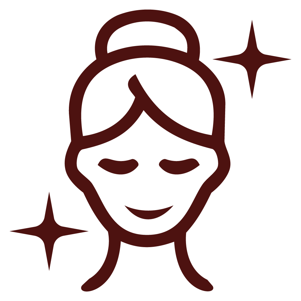 Stylized illustration of a woman's face with a bun hairstyle, closed eyes, and a smile, surrounded by sparkles, representing professional hair or makeup coordination.