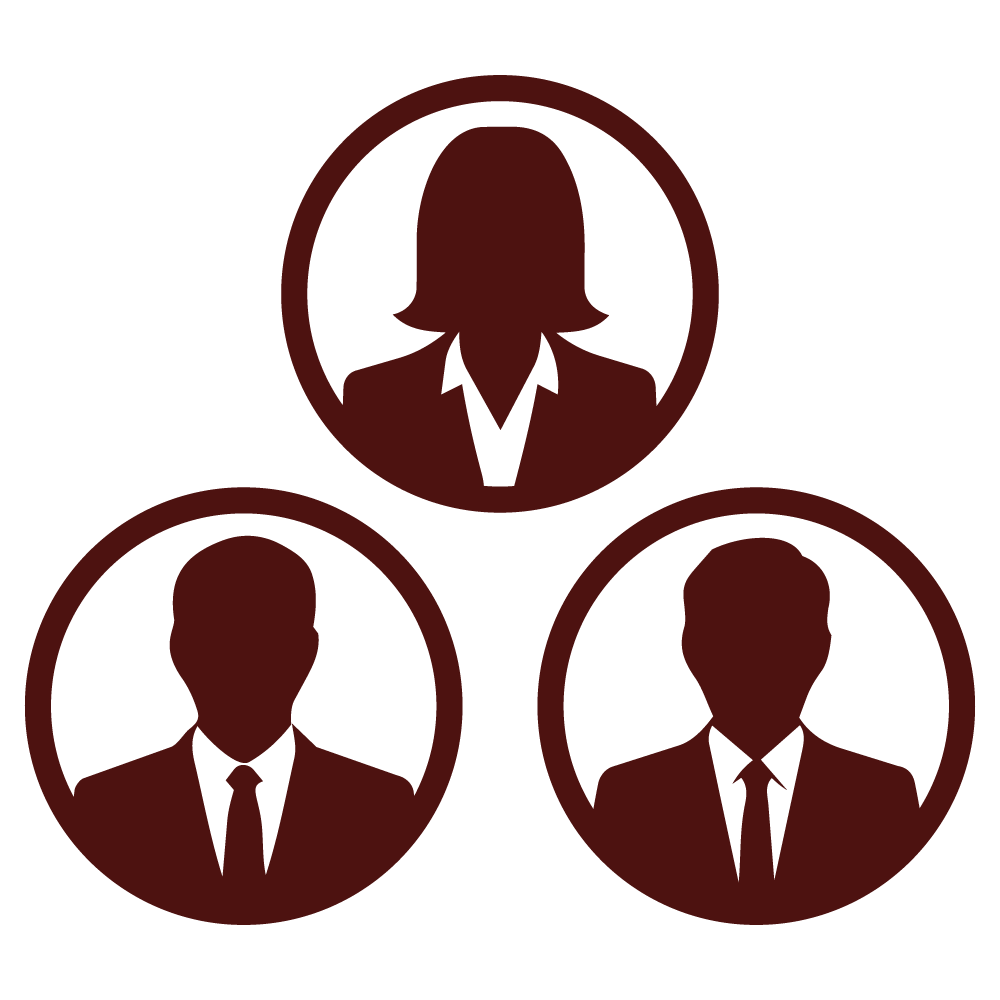 Silhouettes of three people in business attire, one woman at the top and two men at the bottom, within circular frames, representing headshots and team photos.