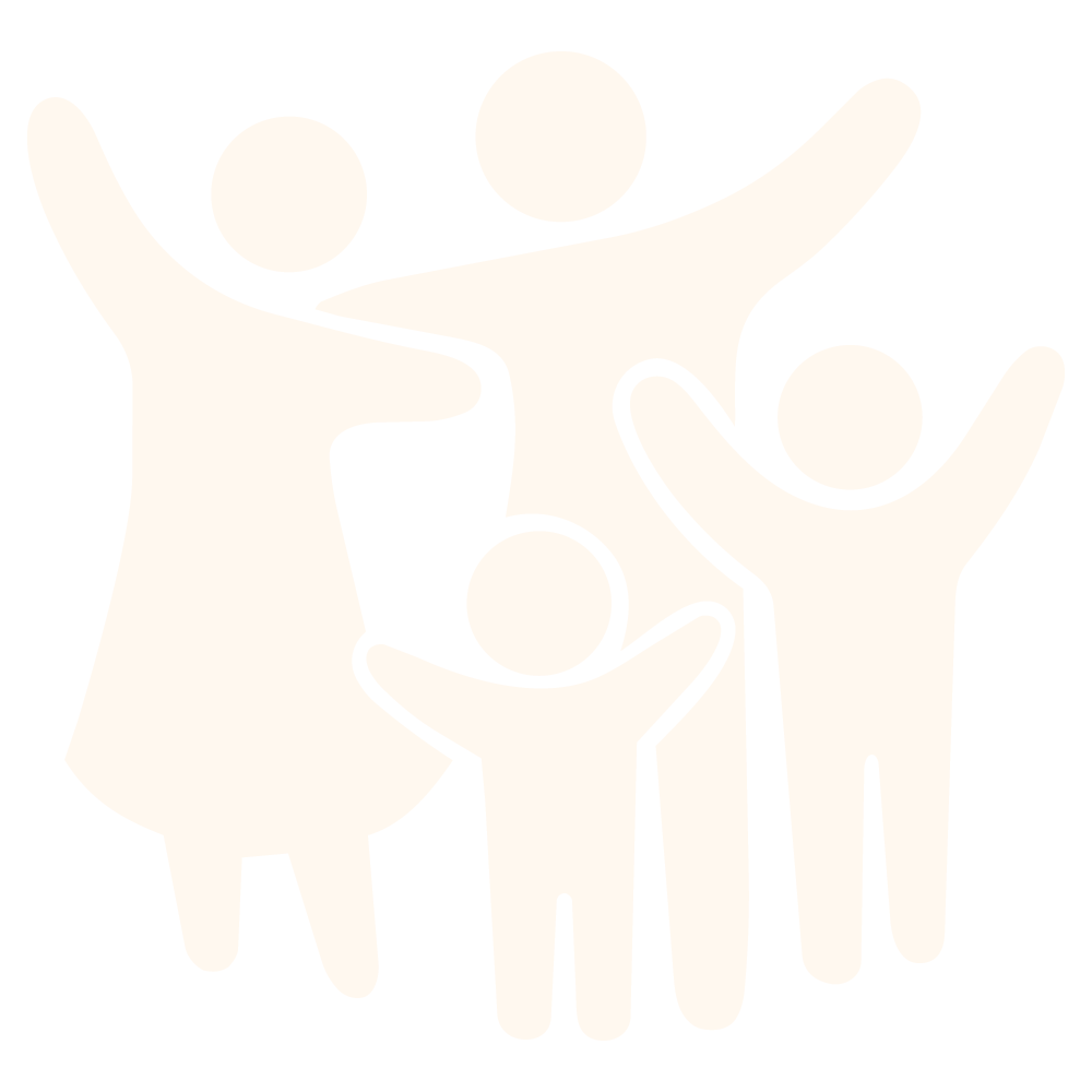 Icon of a silhouette of a family of four with parents and children, raising their arms and smiling.
