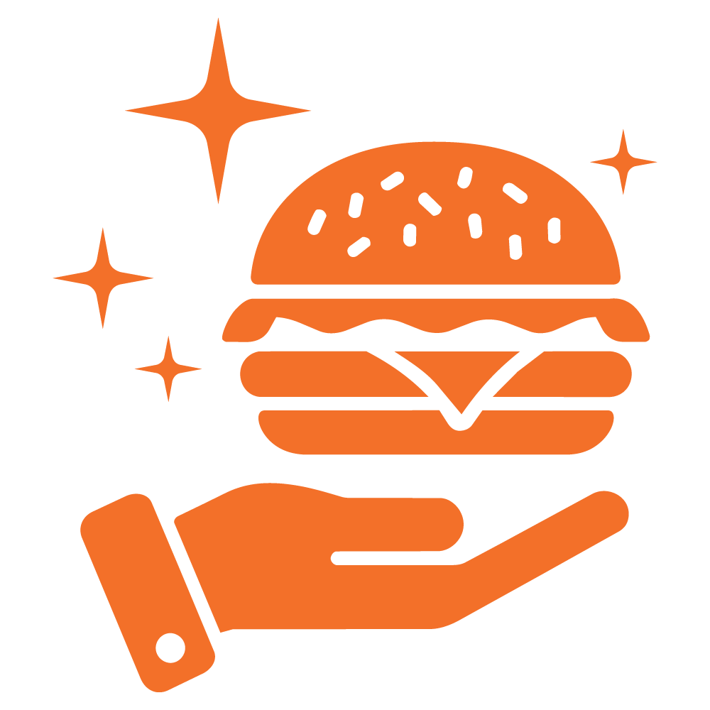 A graphic illustration of a hand holding a hamburger with stars around it, symbolizing custom project staging.