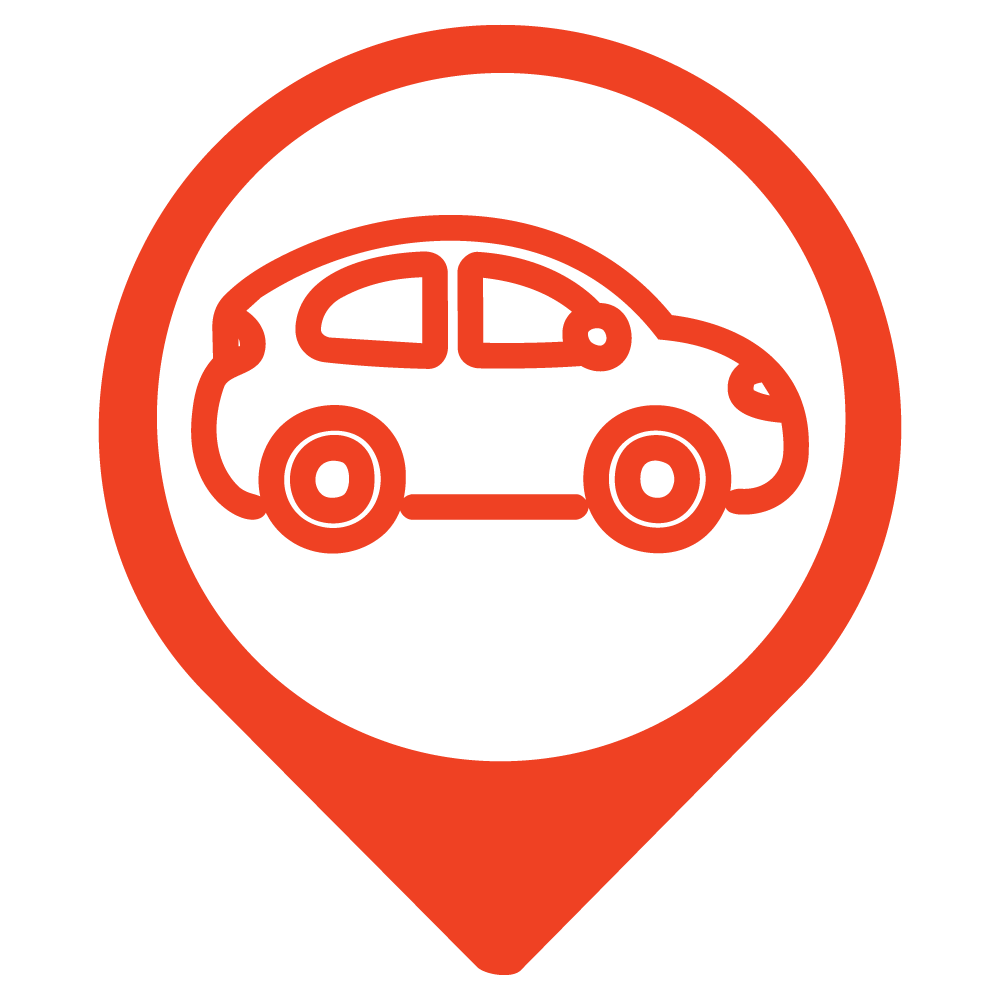 Red map pin icon with a car outline inside, representing travel.