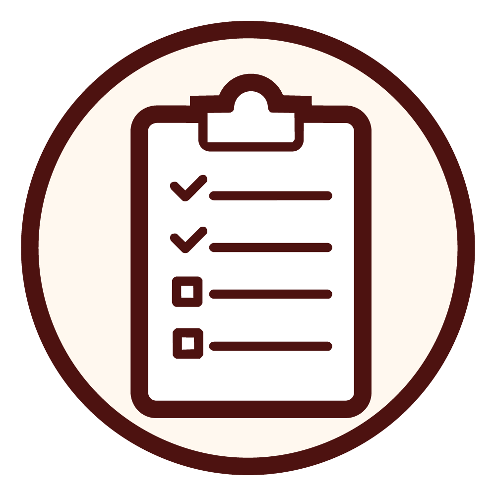 Icon of a clipboard with a checklist, some items checked off and others unchecked, within a circular background.