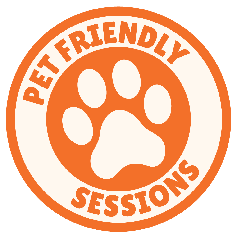 Paw print sticker with "Pet Friendly Sessions" text.
