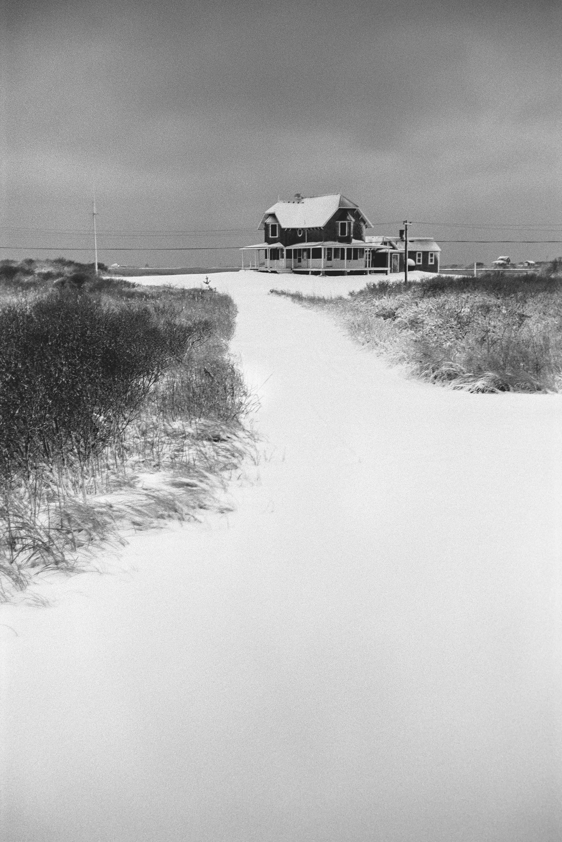 A black and white photo of a house at the end of a snow-covered path, with bushes on the sides and utility poles in the background.