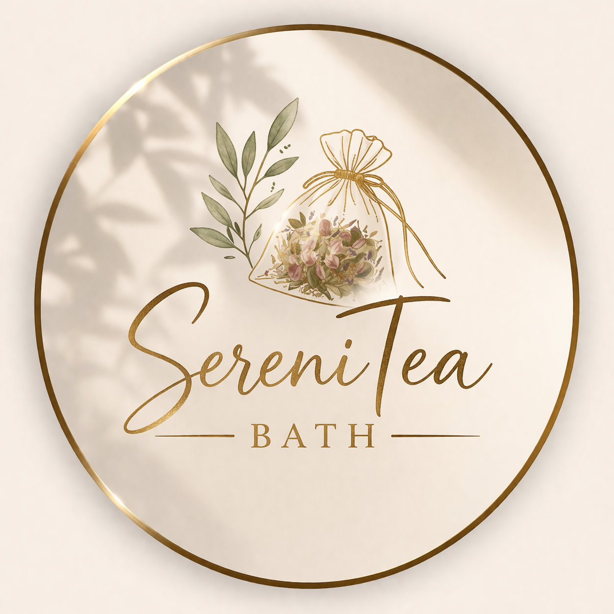 Circular logo for SereniTea Bath with gold outline, a botanical illustration of a tea bag with flowers and leaves, and the text in gold cursive and capital letters.