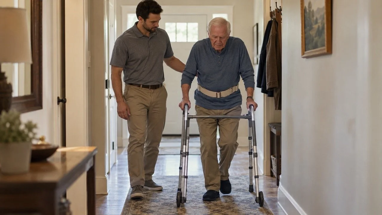 Physical therapist assisting an older adult with a walker during a home health visit
