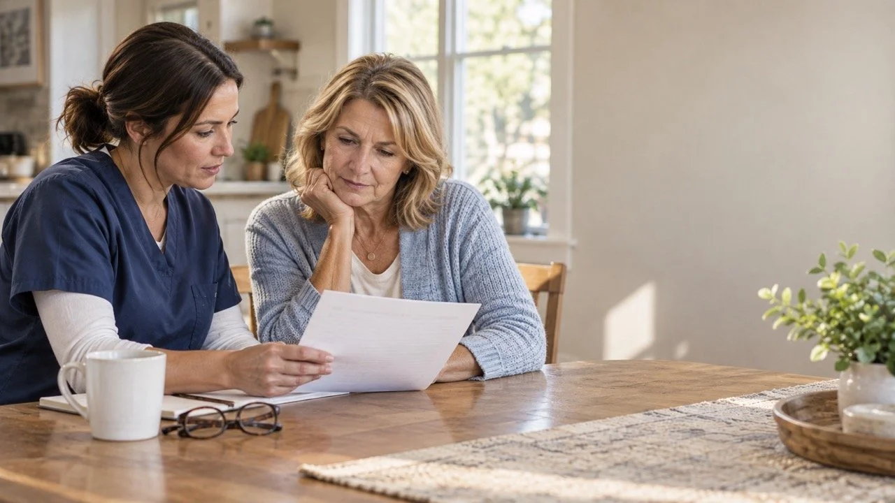 Hospice nurse reviewing a plan of care with a family member at a Denver home