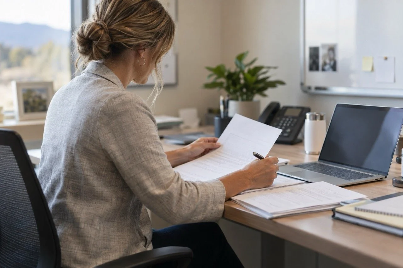 Discharge planner reviewing hospice eligibility documentation