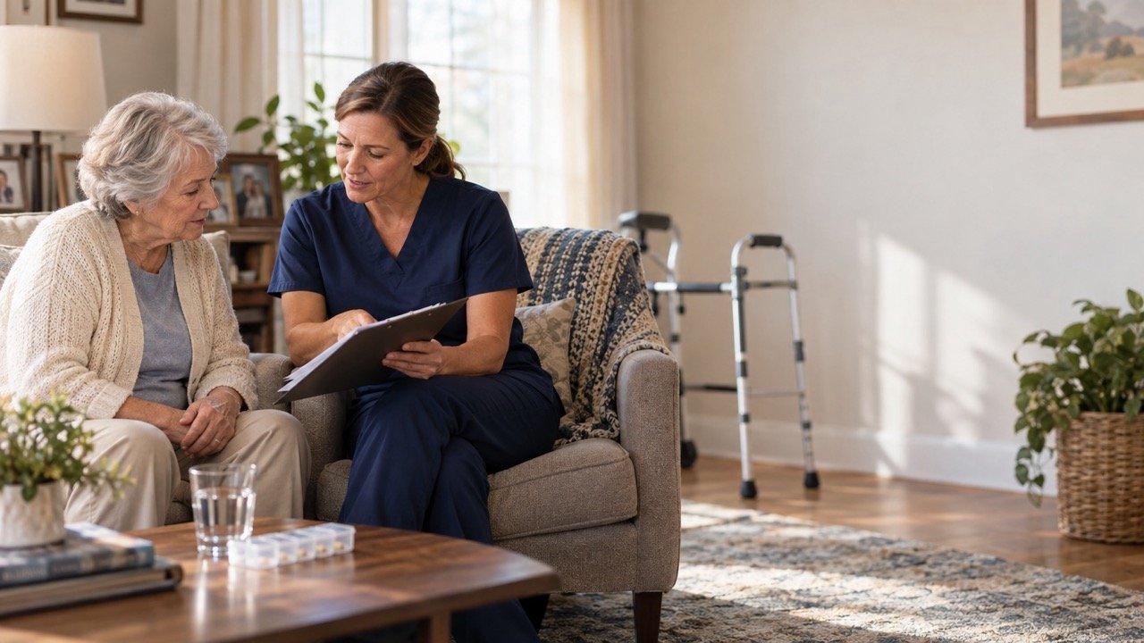 Home health nurse reviewing a Medicare plan of care with a patient at home in Denver