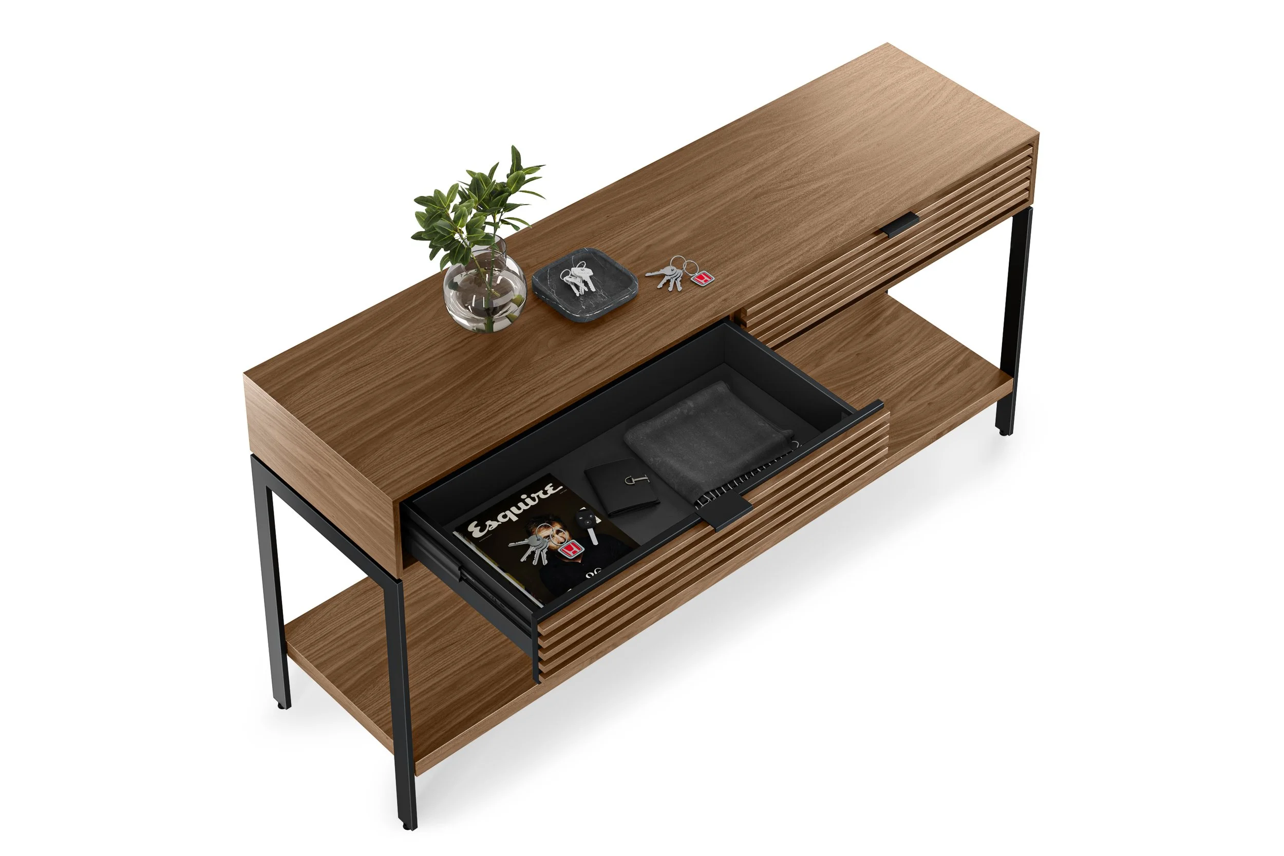 cora-console-1172-BDI-natural-walnut-contemporary-wood-entry-way-table-open-drawer-deatil-01.jpeg