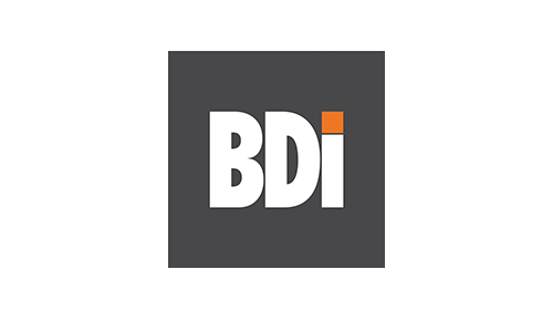 Logo with the letters 'BDi' in white on a dark gray background, with a small orange square on the top right corner of the letter 'i'.