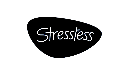 A black background with a white oval shape containing the word 'Stressless' in white lettering.