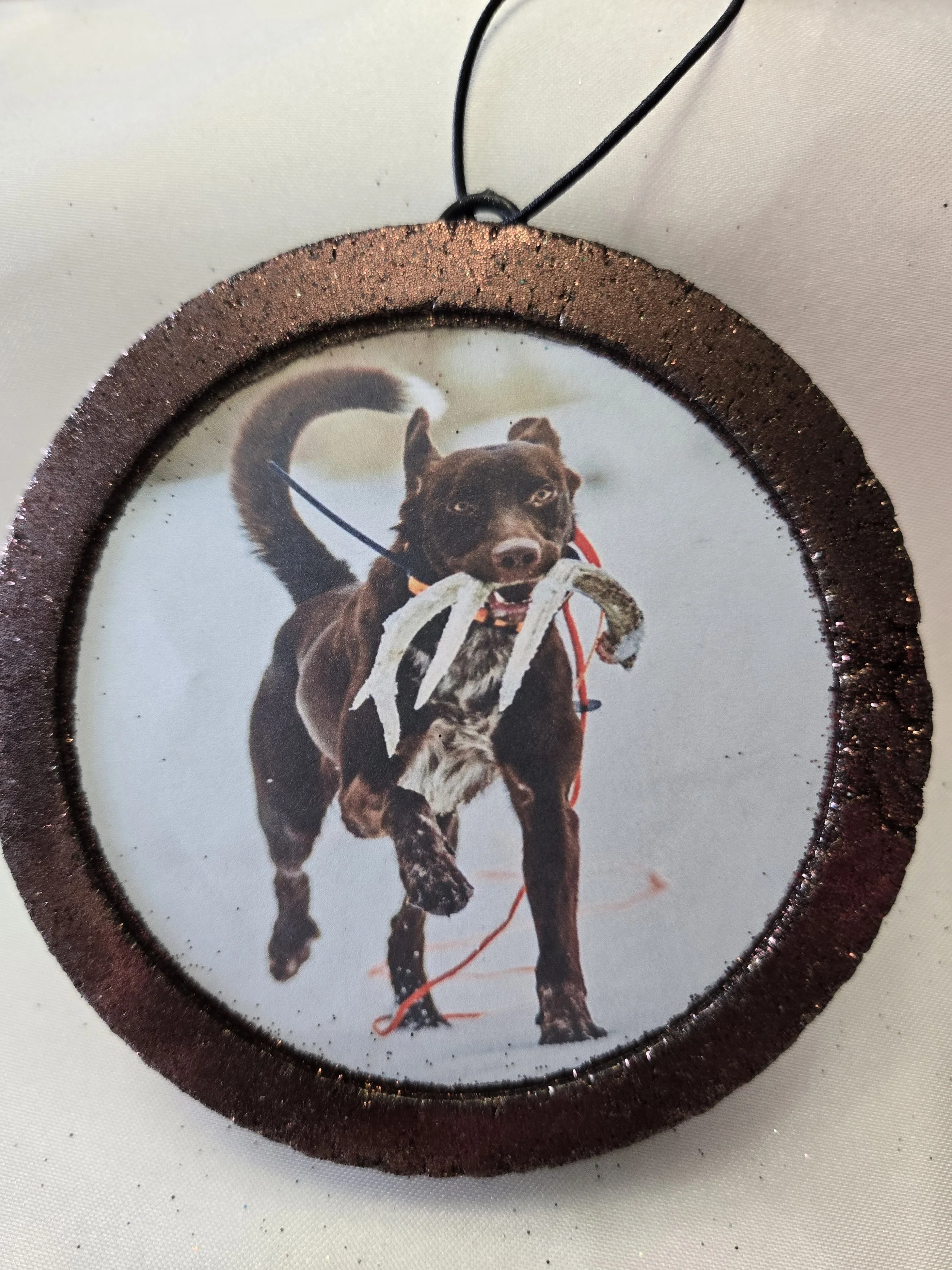 Decorative item with a photo of a dog holding a bone, surrounded by a glittery dark red or maroon border.
