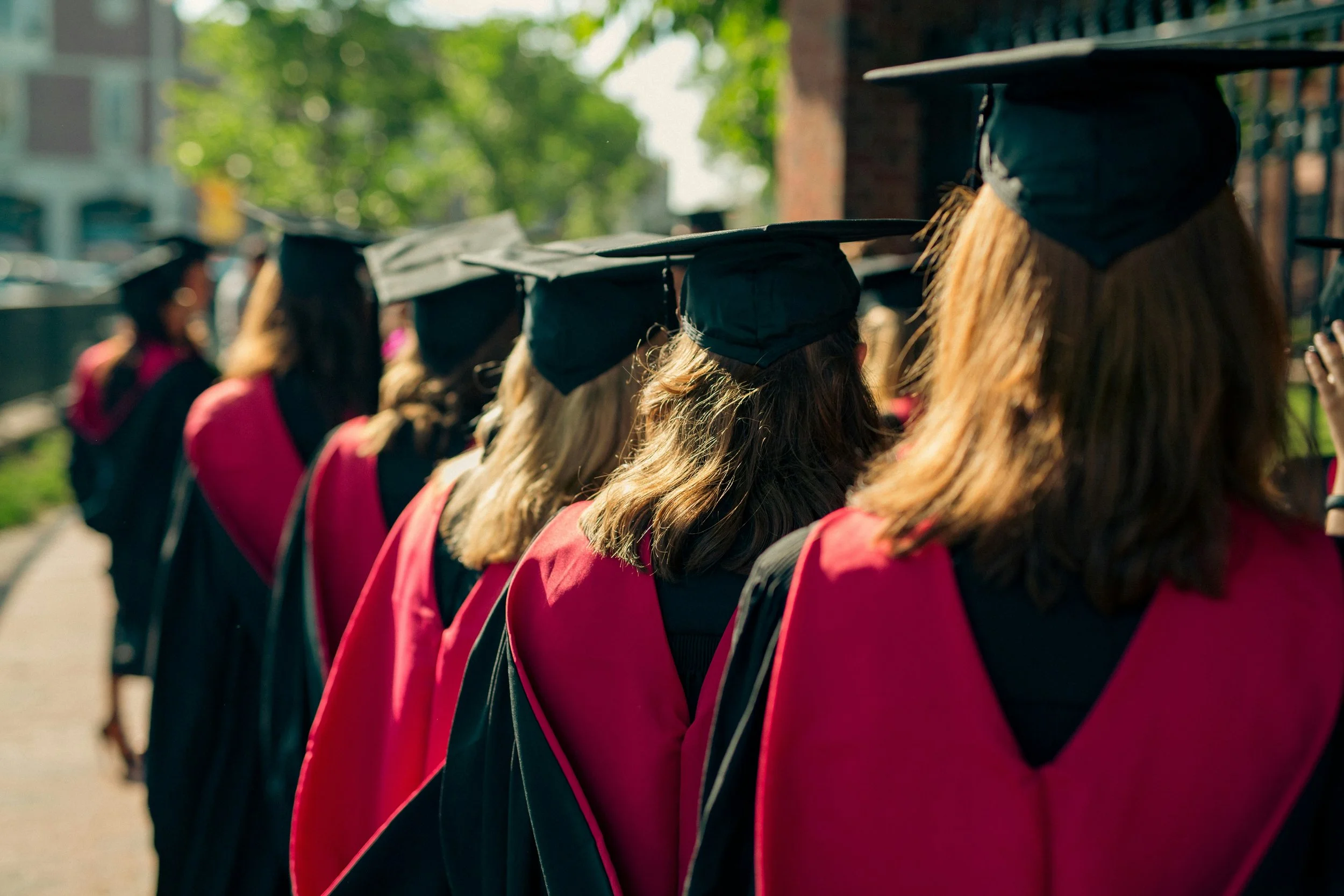 A line of graduates wearing academic caps and gowns, standing outdoors on a sunny day with green trees in the background.