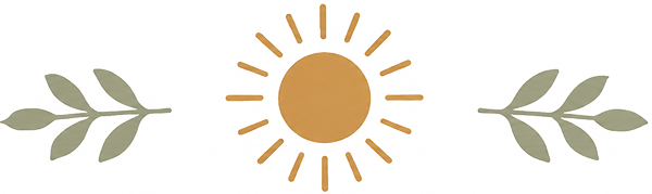 Stylized sun with radial lines, flanked by two branches with leaves