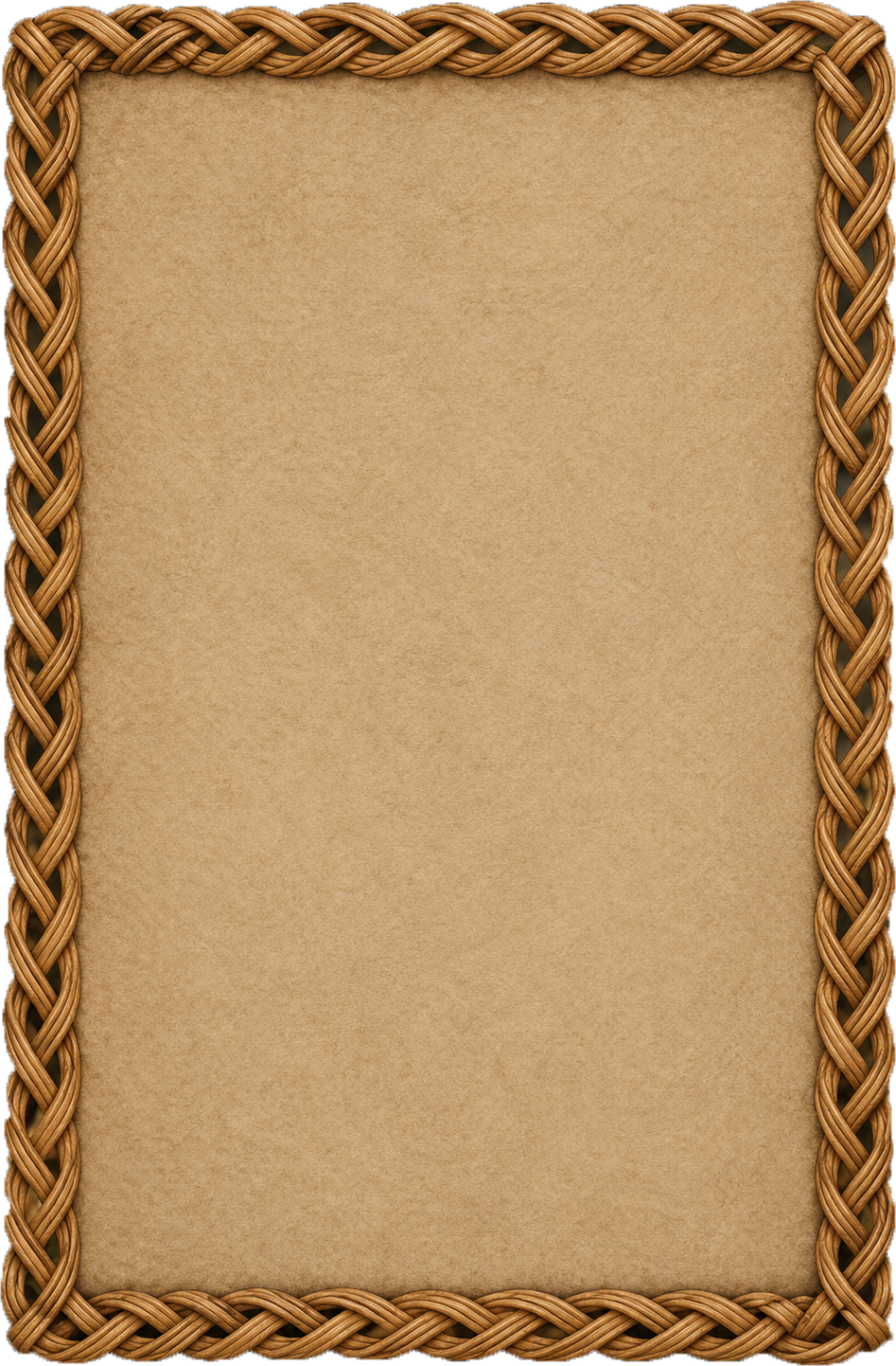 A blank beige parchment paper framed with braided light brown wicker.