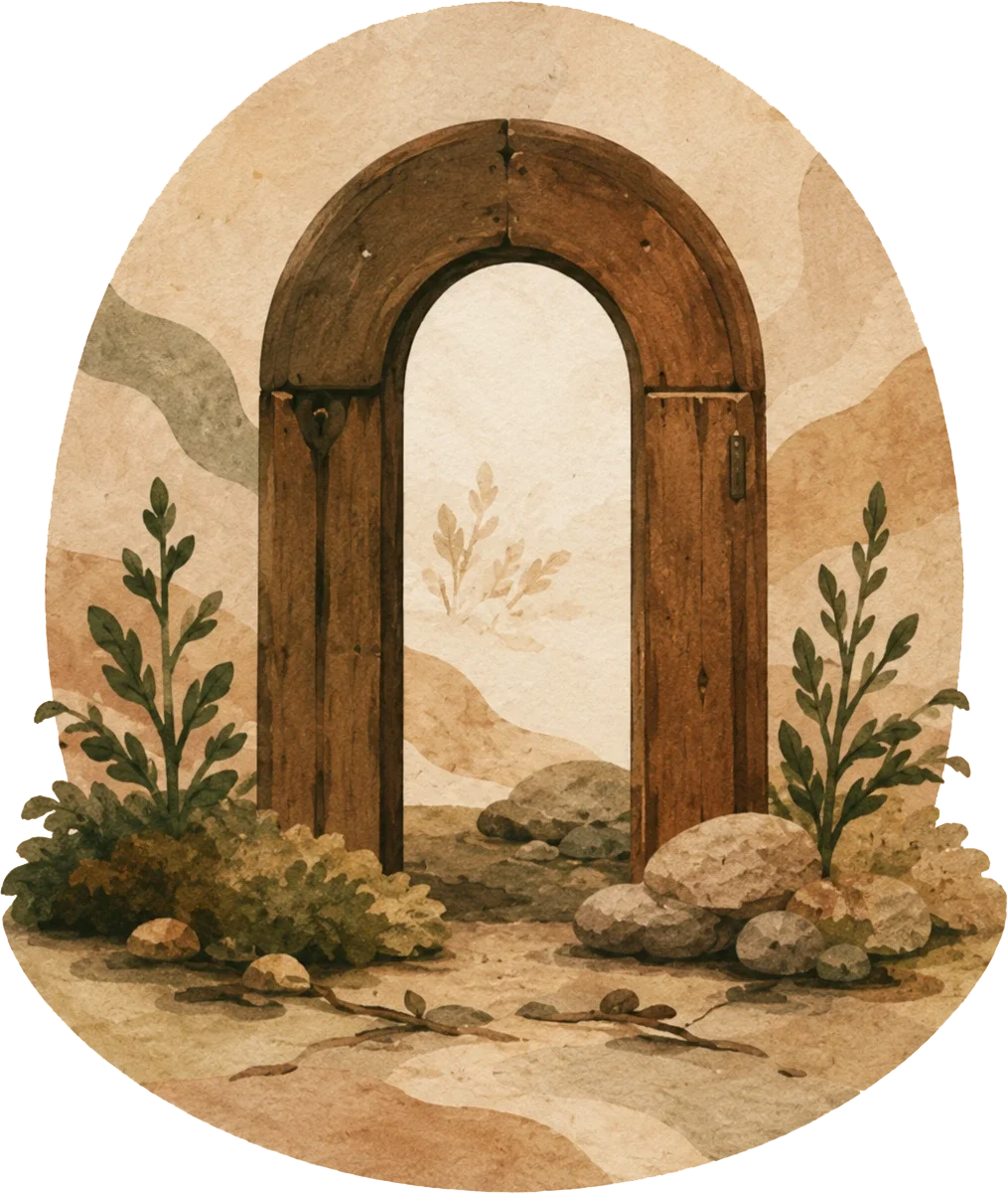 A watercolor painting of a rustic wooden door frame with a scenic background of rocks, plants, and mountains.