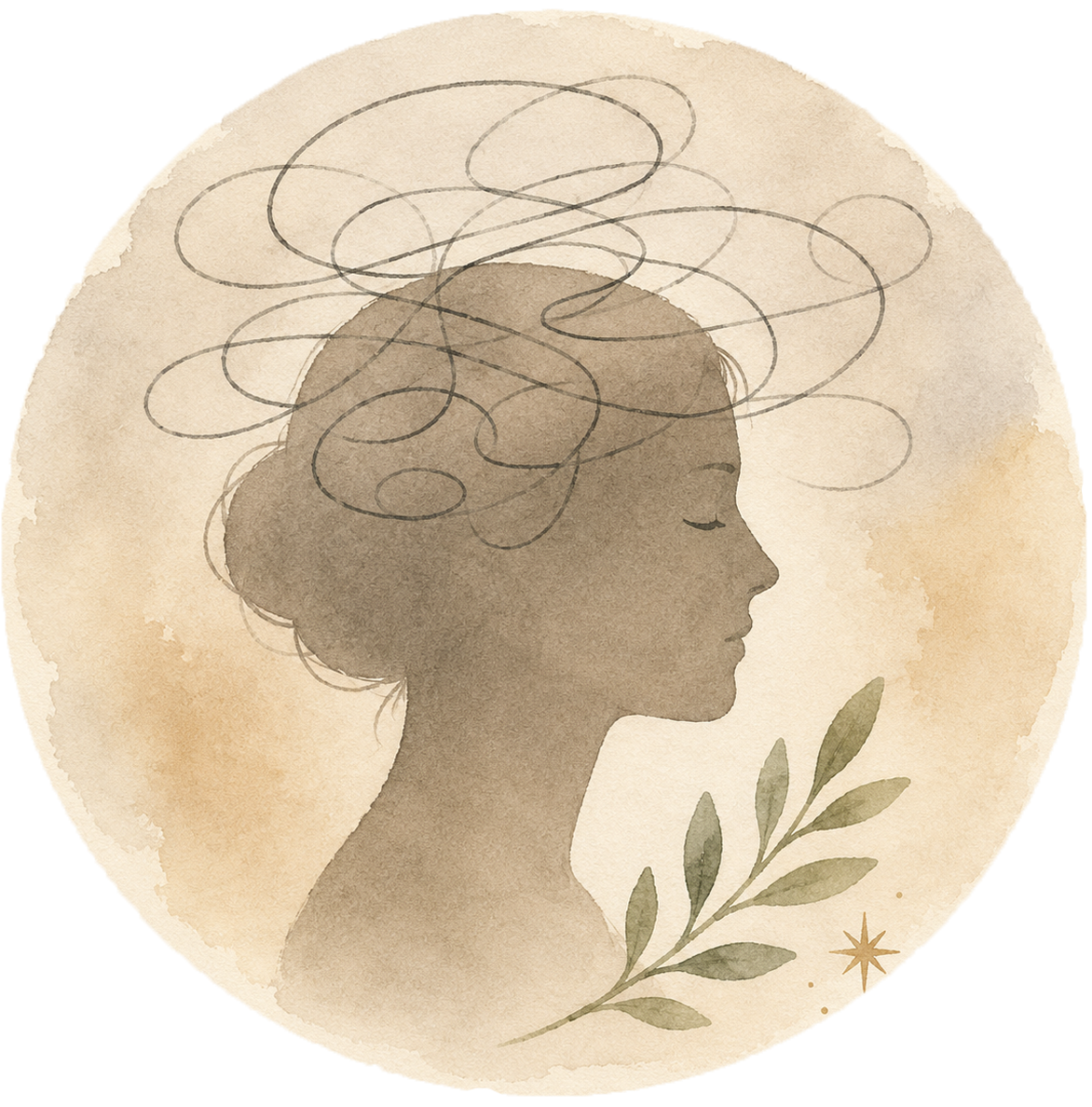 Watercolor illustration of a woman with closed eyes, short hair, and swirling lines above her head, with a foliage branch near her shoulder.