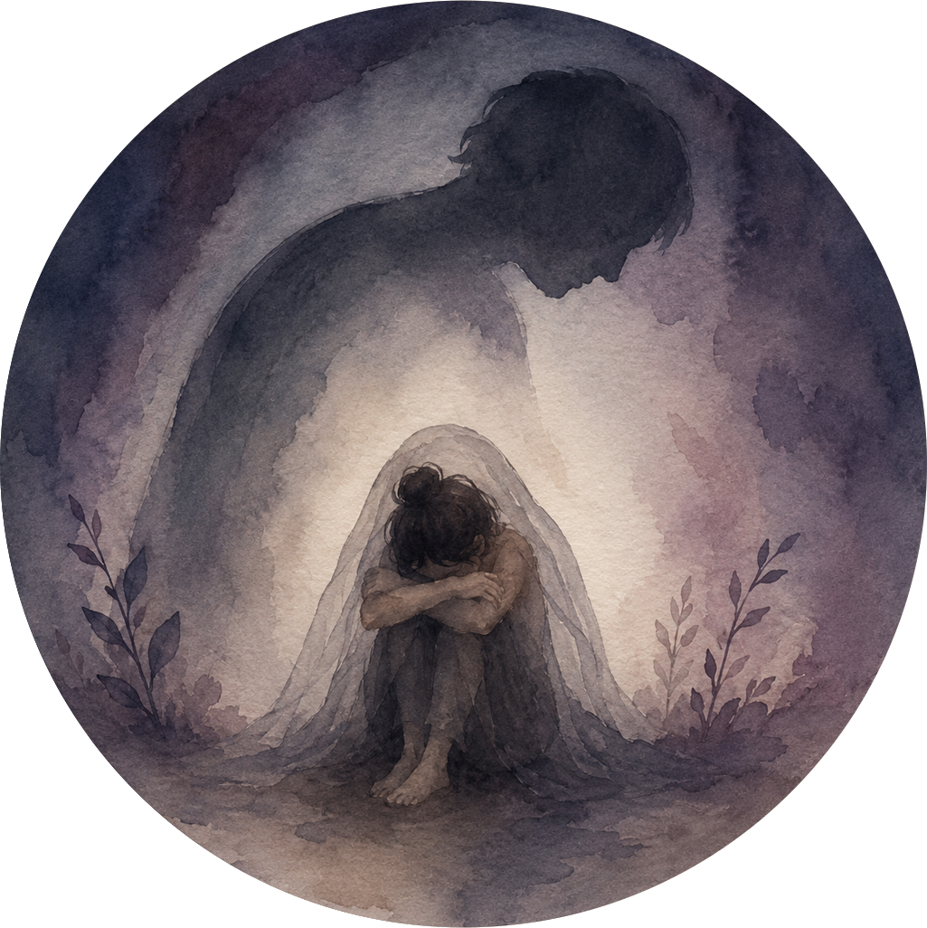 A watercolor painting of a girl sitting with her arms crossed and her head down, with a semi-transparent veil over her head. Behind her, a large silhouette of a person appears to look down at her. The background is subdued with shades of purple and gray, with simple plant-like shapes at the sides.