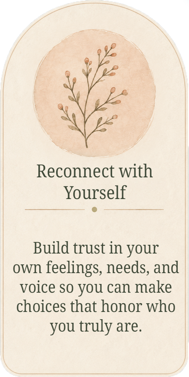 An inspirational card with a watercolor illustration of a branch with small buds. Text reads: "Reconnect with Yourself. Build trust in your own feelings, needs, and voice so you can make choices that honor who you truly are."