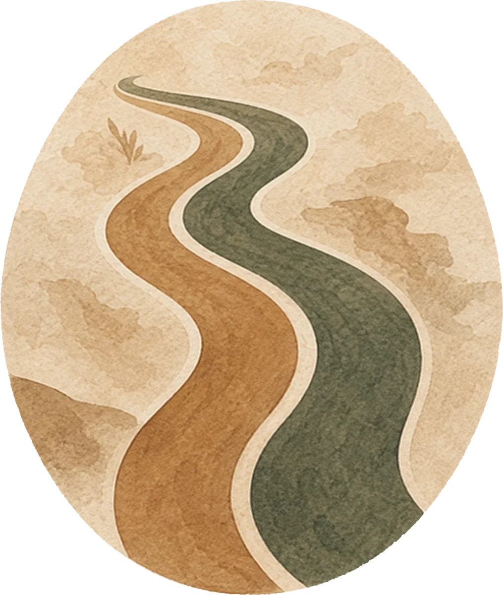 A watercolor-style illustration of two winding paths, one brown and one green, on a light background with faint watercolor clouds.