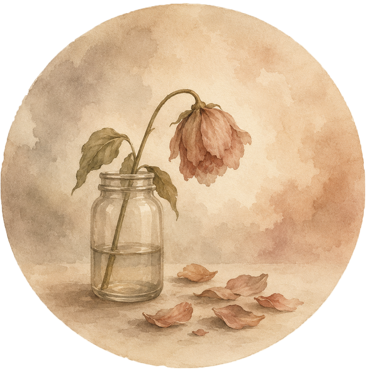A watercolor painting of a wilted flower in a glass jar with fallen petals around it.