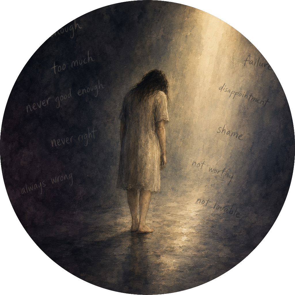 A girl in a beige dress standing alone on a reflective surface with her head bowed, illuminated by a light source while words like 'failure,' 'disappointment,' 'shame,' and 'not worthy' are written around her in a dark background.