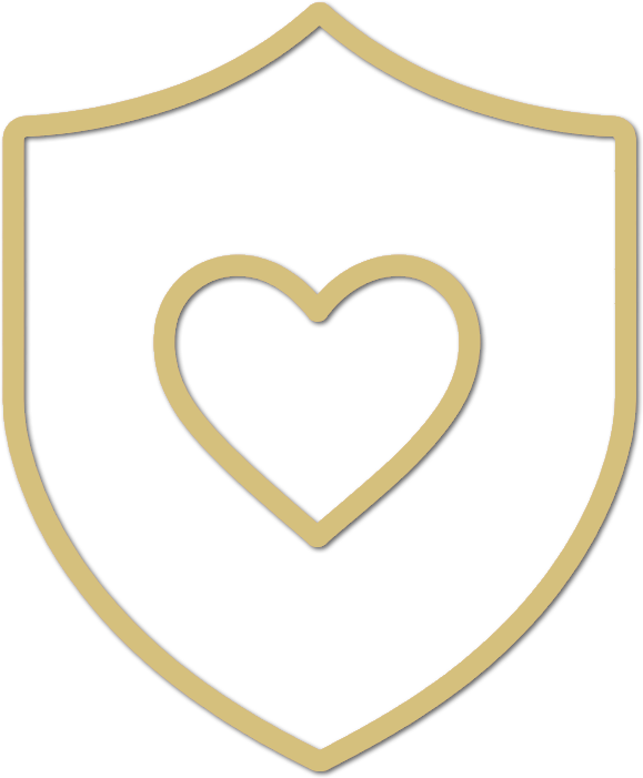 Gold shield with a heart in the center.