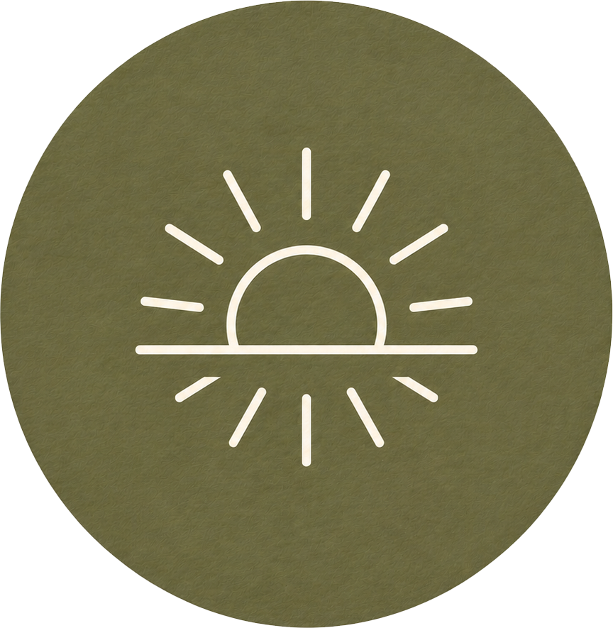 Simple line drawing of a sunrise over water, with sun rays extending outward.