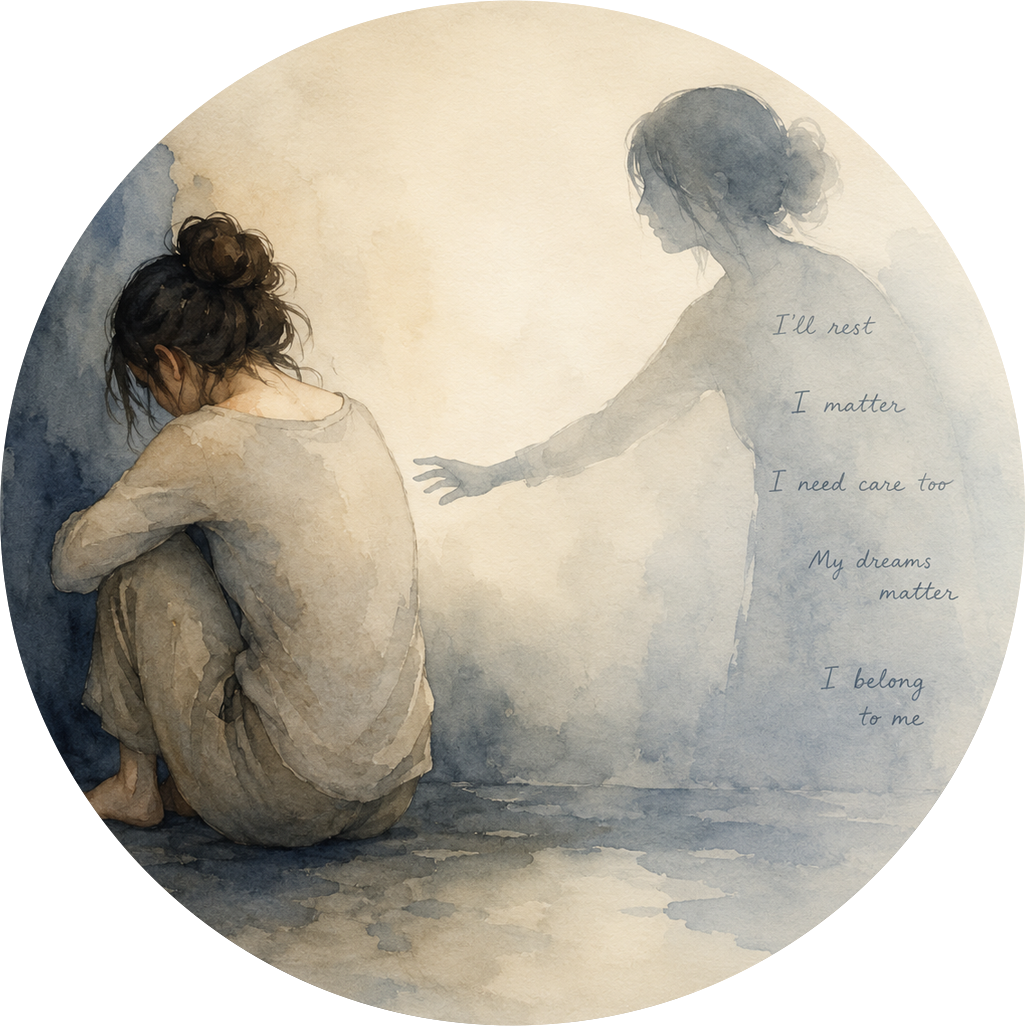 A watercolor painting of a woman sitting with her head resting on her knees on the left, and another woman reaching out to her on the right. The background has soft, muted tones. The right woman has a poem written beside her that reads: 'I'll rest, I matter, I need care too, My dreams matter, I belong to me.'