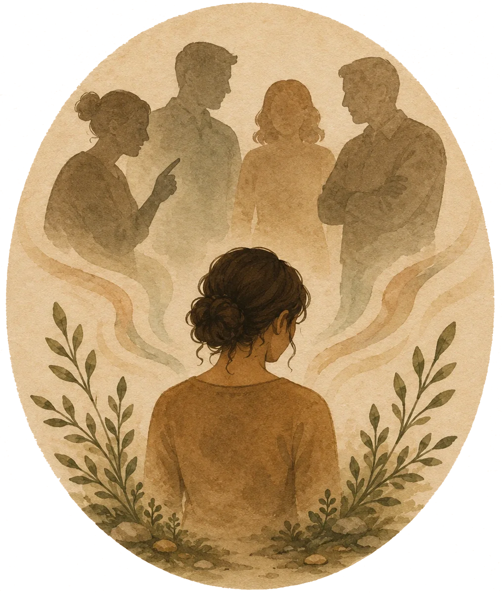 A woman with brown hair tied back, seen from behind, surrounded by green foliage, with her head bowed. In the background, five silhouettes of people are engaged in conversation, with one woman gesturing with her finger.