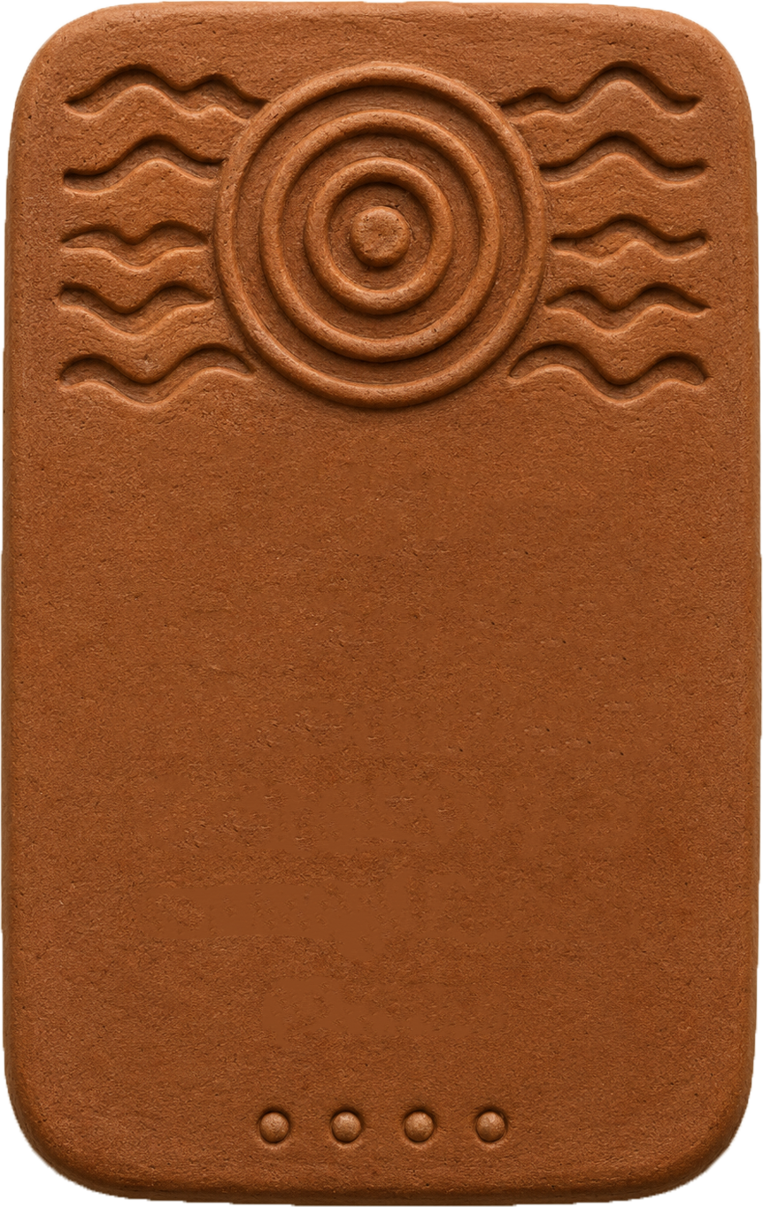 Close-up of a rectangular, brown, textured object with raised concentric circles and wavy lines at the top, resembling a decorative or functional device, possibly a button or control panel.