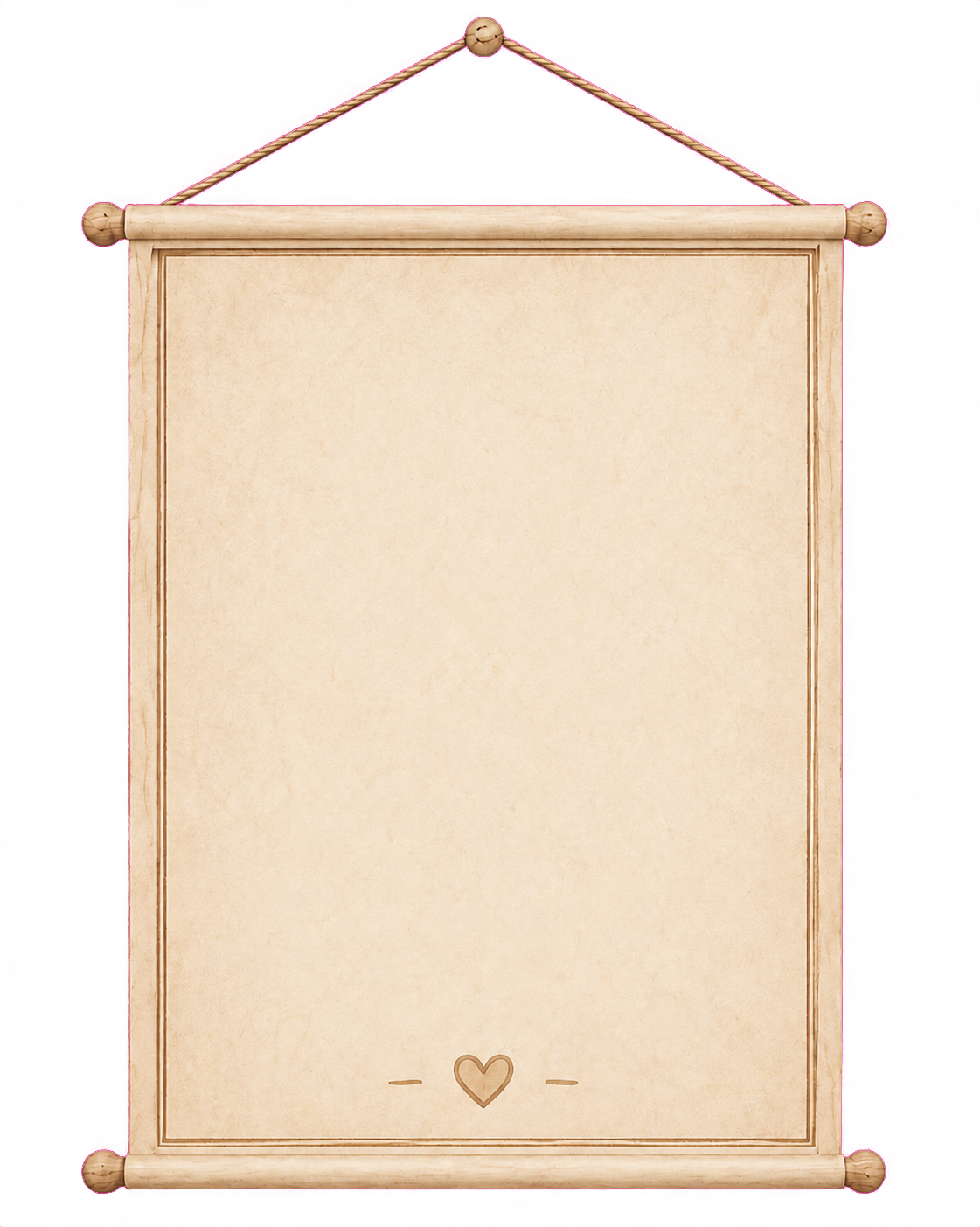 A blank beige scroll hanging from a wooden rod with a small heart at the bottom, against a bright pink background.