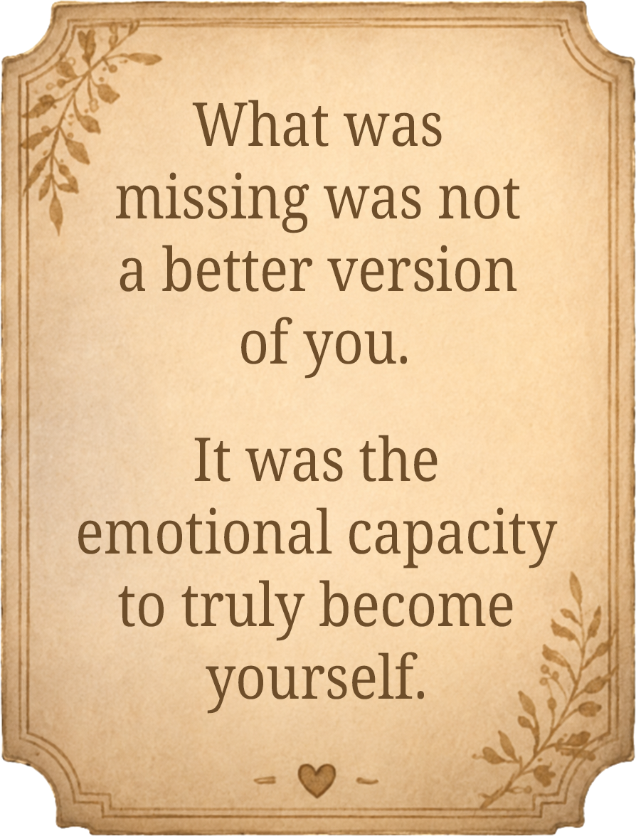 Motivational quote on beige background with decorative corners and leaf designs: "What was missing was not a better version of you. It was the emotional capacity to truly become yourself."