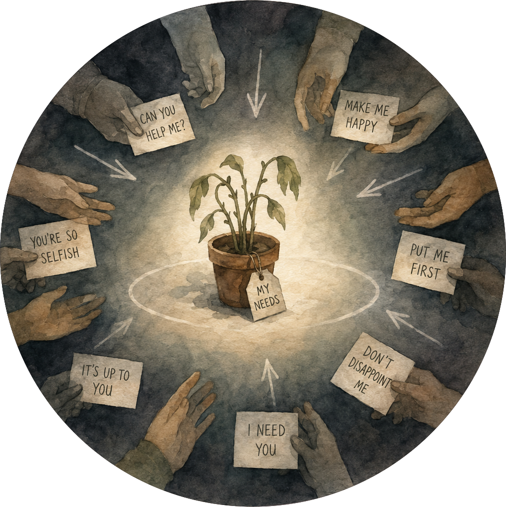 A watercolor illustration showing multiple hands surrounding a potted plant with wilted leaves, each hand holding a note with phrases like "Can you help me?", "Make me happy", "Put me first", "Don't disappoint me", "I need you", "It's up to you", "You're so selfish", and "My needs". The notes suggest the plant's need for care and attention.