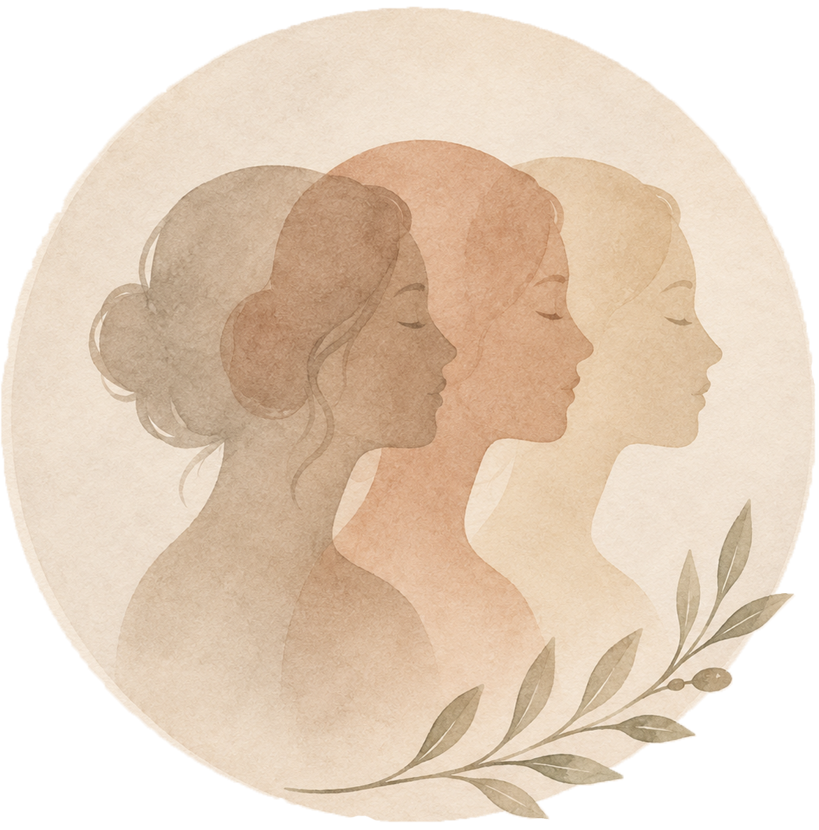 Illustration of three women with different skin tones and hair styles, side profile, within a circular frame with a leafy branch at the bottom.