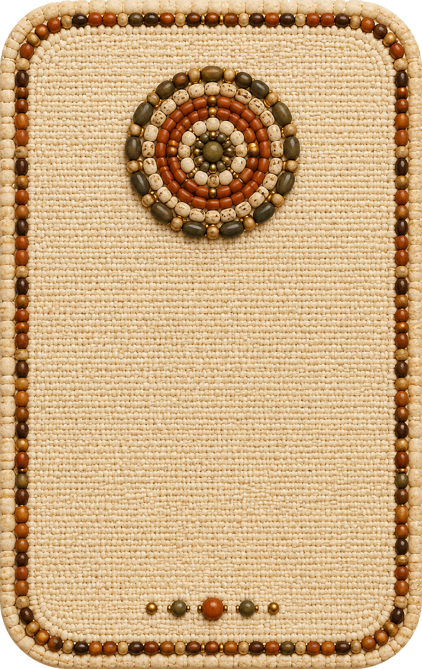 A rectangular beige woven mat decorated with a border of small colorful beads, featuring a spiral pattern of beads in the upper left corner and a single bead at the bottom center.