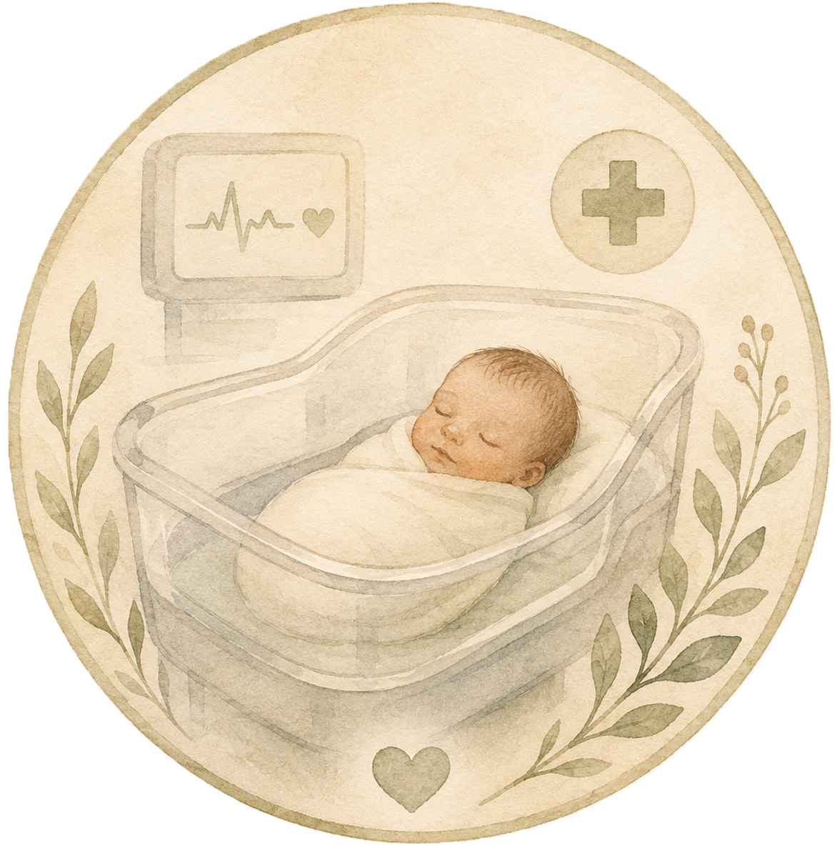Watercolor illustration of a sleeping baby in a hospital bassinet with medical symbols and a heart, surrounded by leaves.