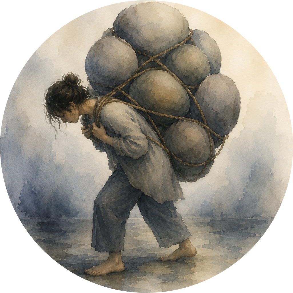 A woman in traditional Japanese clothing carrying a large bundle of round stones tied together with rope on her back. She is barefoot and bent forward, appearing to struggle with the weight.