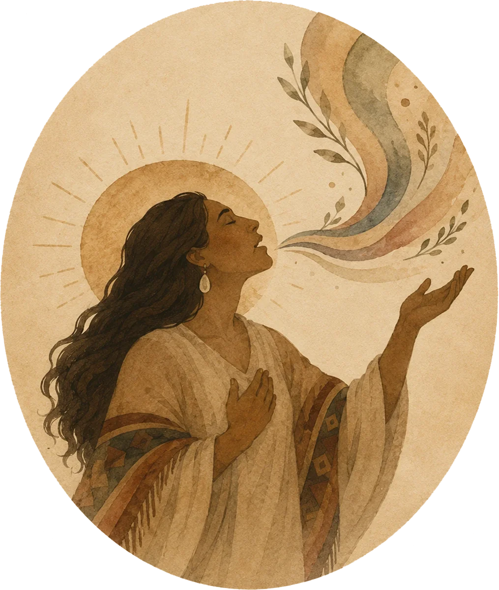 A woman with long dark hair, wearing earrings and a beige garment, with a radiant halo around her head. She is depicted with her eyes closed, one hand on her chest, and the other raised. She appears to be breathing out colorful, flowing shapes with leaves and abstract patterns.