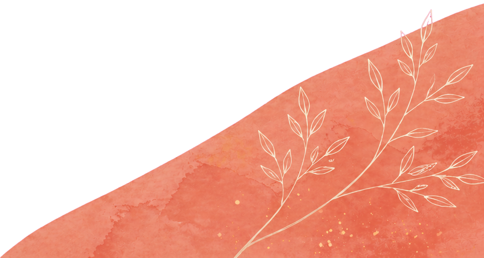 Decorative background with pink and orange watercolor textures and white outline of leafy branches.
