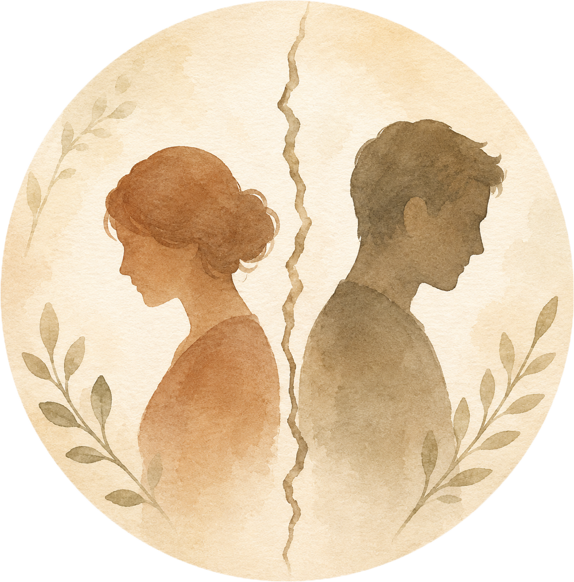 Watercolor illustration of a woman and a man back-to-back, separated by a jagged line, with laurel branches surrounding them, indicating a separation or breakup.