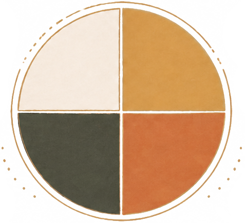 A circular diagram divided into four quadrants with different shades: beige, brown, dark gray, and reddish-orange.