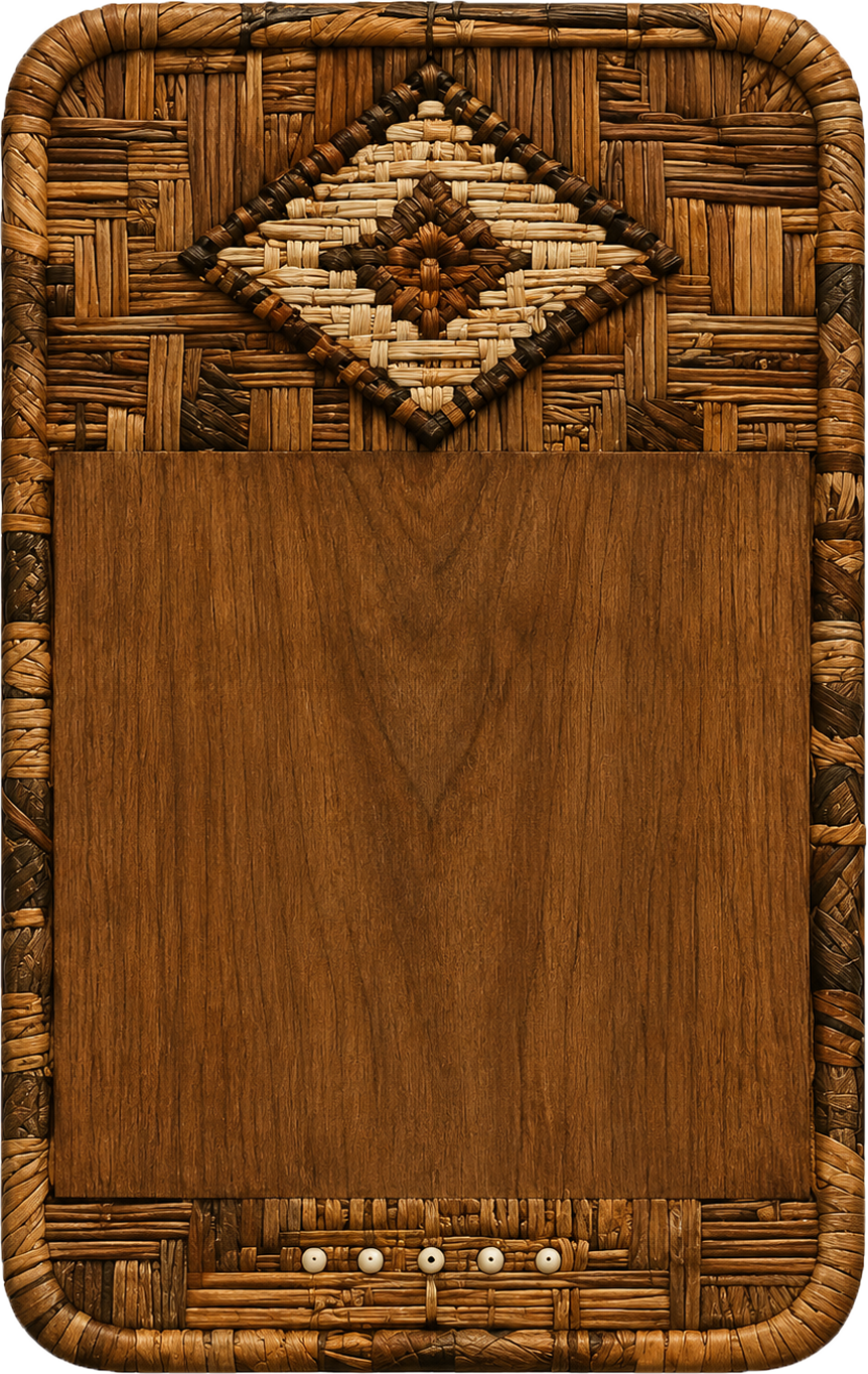 A rectangular wooden and woven rattan backgammon board with decorative diamond-shaped design at the top.