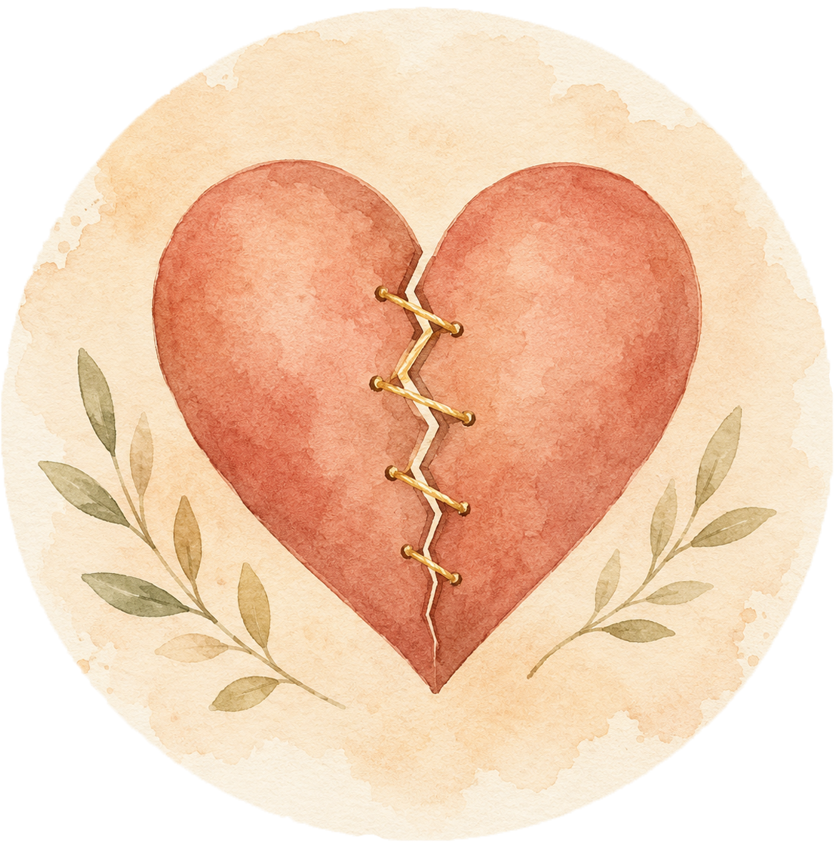Watercolor illustration of a broken heart with gold stitches down the middle, surrounded by green leaves.